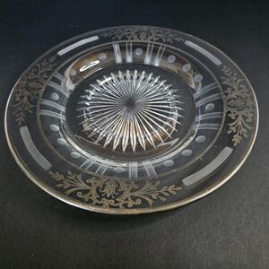 Silver Overlay Depression Glass Plate Vtg Etched Glass 9.5 Inch Round